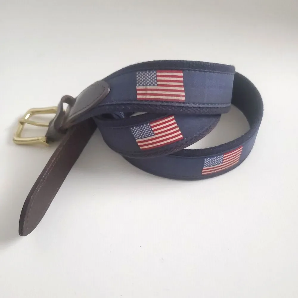 Vineyard Vines Men's Belt Size 42 Navy American Flag Canvas Leather Brass Buckle